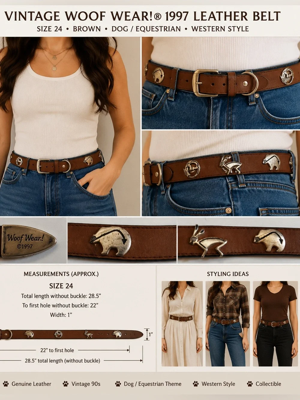 Vintage Woof Wear 1997 Leather Belt Size 24 Brown Dog Equestrian Concho 1